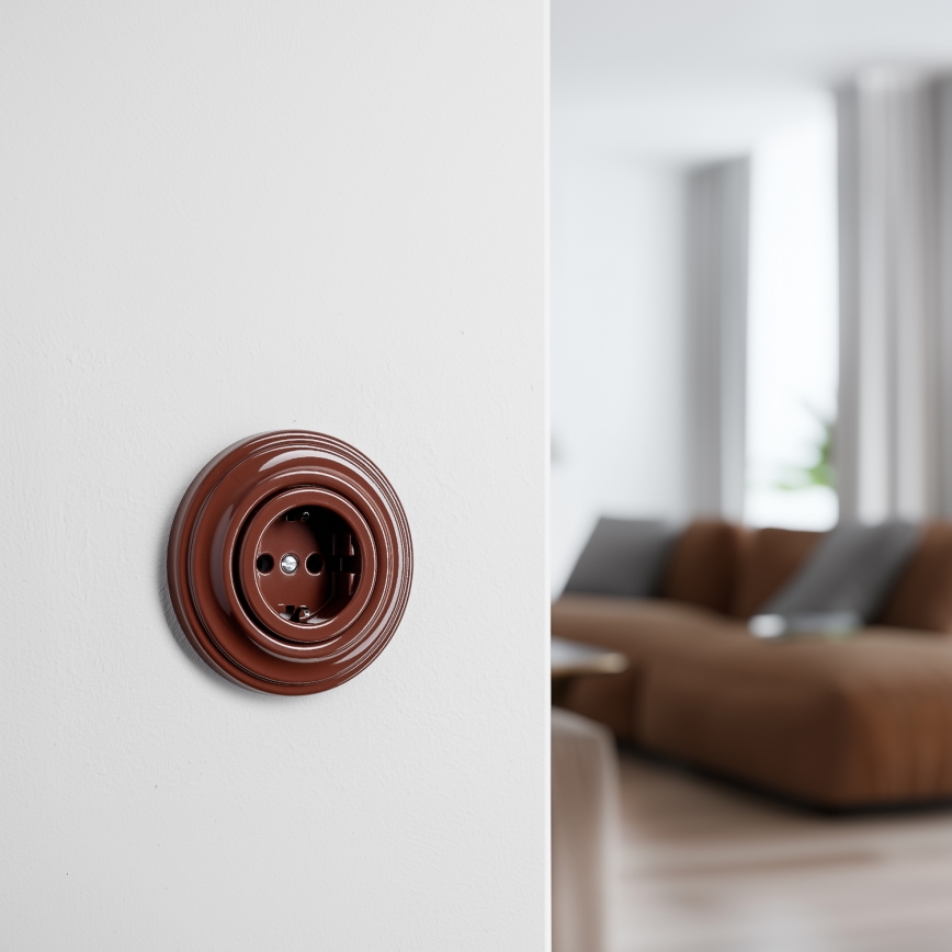 Kliklap - Ретро домашен контакт с рамка SCHUKO 230V/16A кафяв