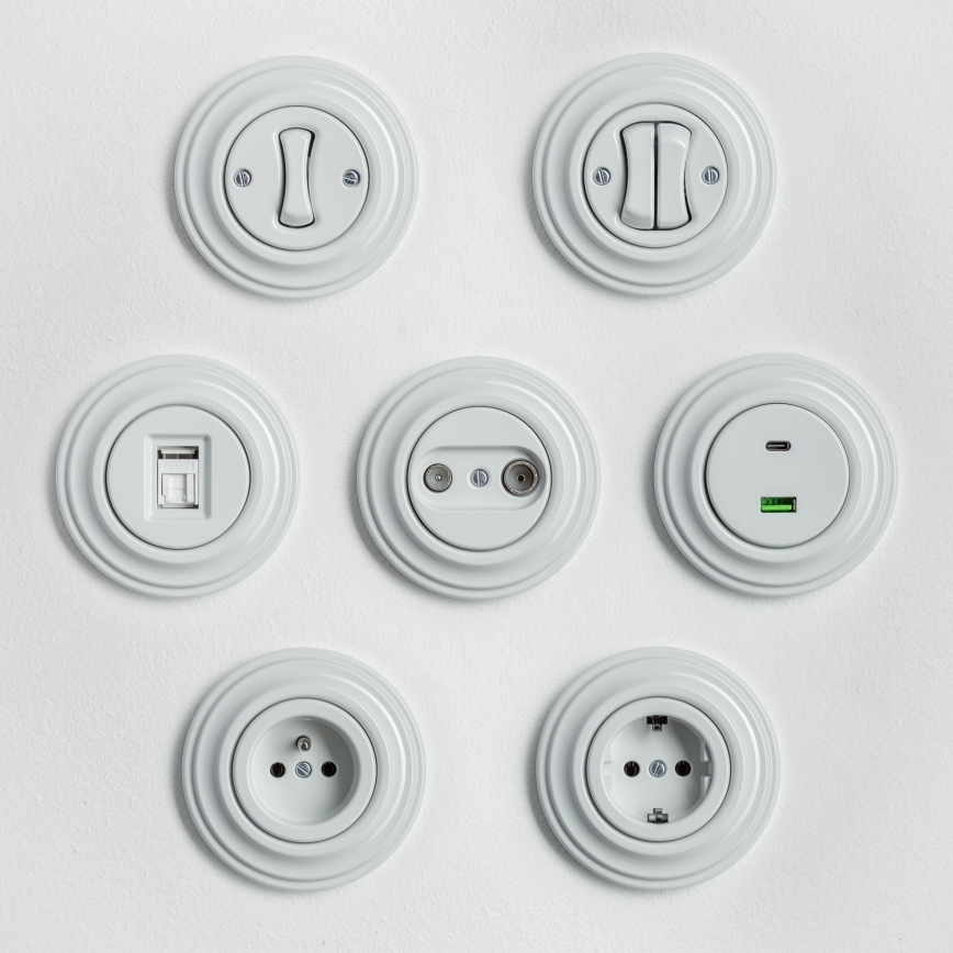 Kliklap - Ретро двоен стълбищен ключ с рамка № 6+6 керамично бяло