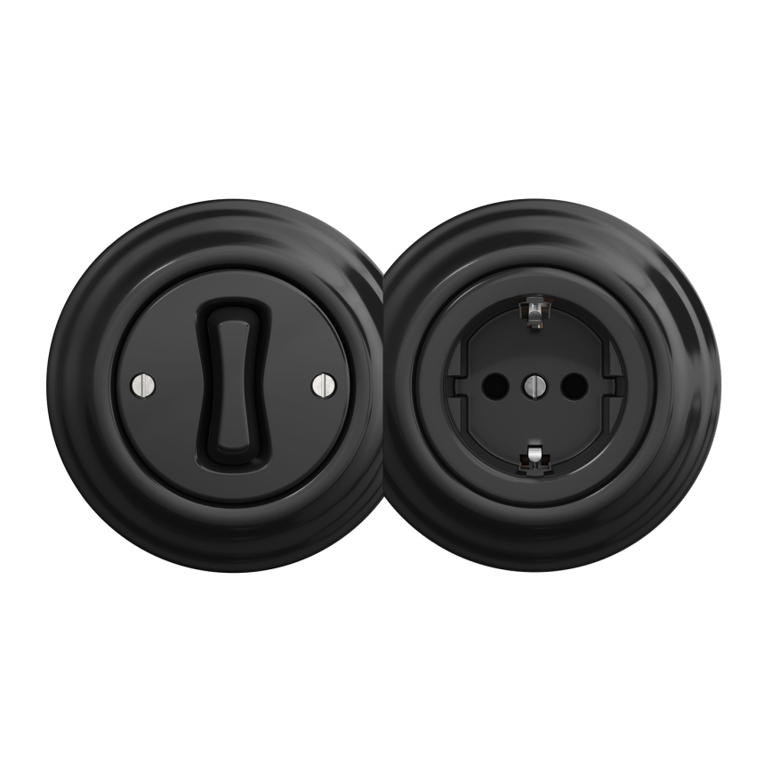 Kliklap - Ретро еднополюсен ключ № 1 и SCHUKO 230V розетка с черна рамка