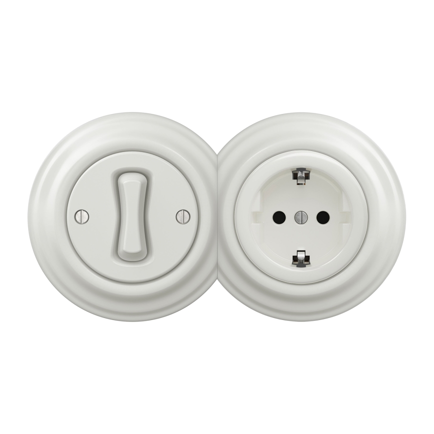 Kliklap - ретро еднополюсен ключ № 1 и SCHUKO розетка 230 V с бяла рамка