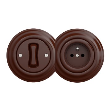 Kliklap - Ретро еднополюсен ключ № 1 и 230V розетка с кафява рамка