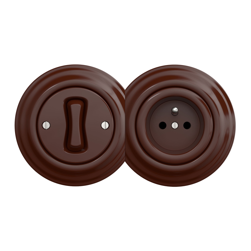 Kliklap - Ретро еднополюсен ключ № 1 и 230V розетка с кафява рамка