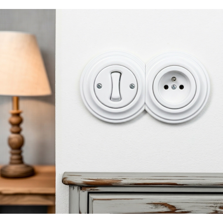 Kliklap - Ретро еднополюсен ключ № 1 и розетка 230V с рамка в снежнобял цвят