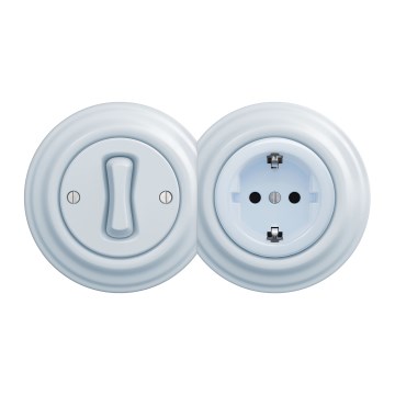 Kliklap - Ретро еднополюсен ключ № 1 и розетка SCHUKO 230V с рамка в синьо