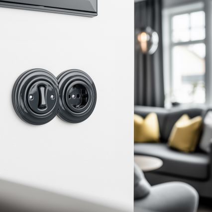 Kliklap - Ретро еднополюсен превключвател № 1 и SCHUKO розетка 230 V с рамка в цвят антрацит