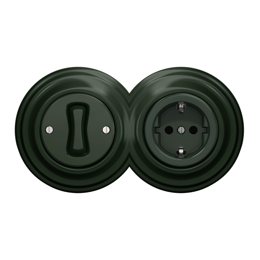 Kliklap – ретро еднополюсен ключ №1 и розетка SCHUKO 230 V в зелена рамка