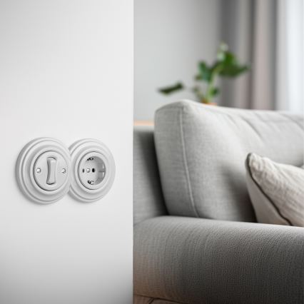 Kliklap - Ретро еднополюсен ключ №1 и SCHUKO контакт 230 V с рамка, керамично бял