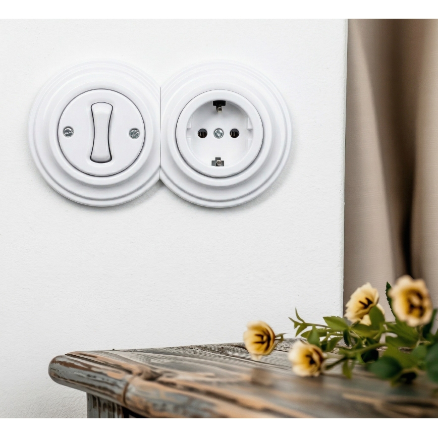 Kliklap - Ретро еднополюсен ключ №1 и SCHUKO розетка 230 V с рамка в снежнобял цвят