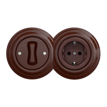 Kliklap - Ретро еднополюсен ключ №1 и SCHUKO розетка 230 V с кафява рамка