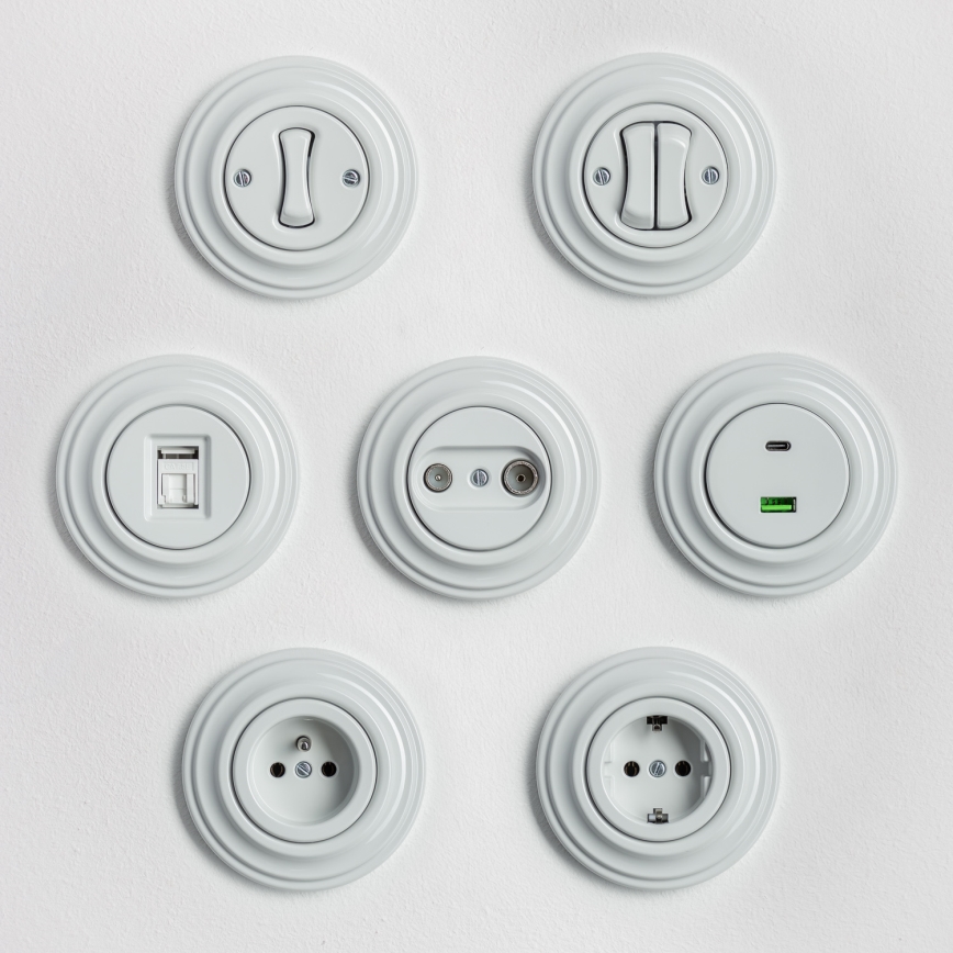 Kliklap - Ретро стенен контакт с рамка, 230 V, керамичен, бял