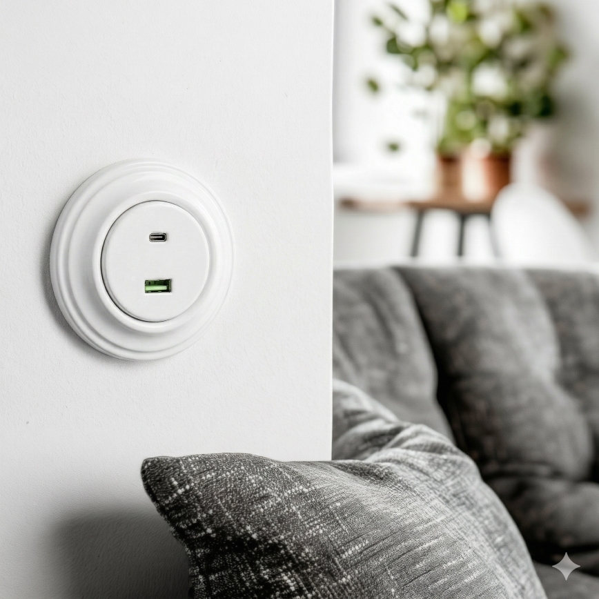 Kliklap - ретро USB розетка A+C с рамка в снежнобял цвят