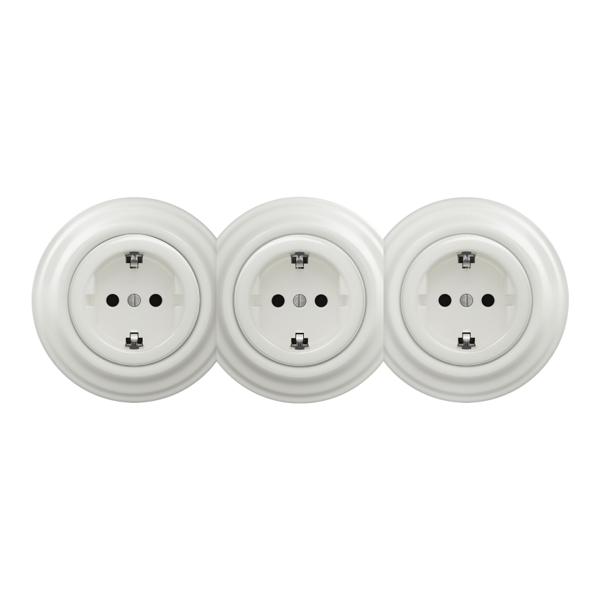 Kliklap - Тройна ретро битова стенна розетка с рамка SCHUKO 230V бяла