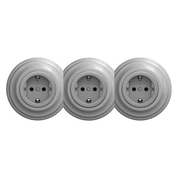 Kliklap - Тройна ретро домашна електрическа розетка с рамка SCHUKO 230V сива