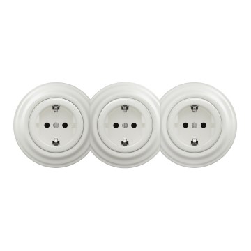 Kliklap - Тройна ретро домашна розетка с рамка SCHUKO 230V, керамична, бяла
