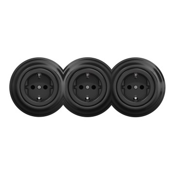 Kliklap - Тройна ретро розетка за домашна употреба с рамка SCHUKO 230V, черна