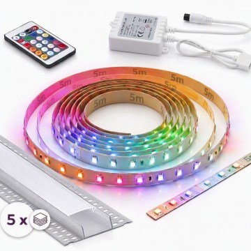 Komplekt 1x димируема LED RGBW лента DIGITAL LED/16,5W/230V 5 m + 5x вграден профил 1 m сребрист/бял + дистанционно управление