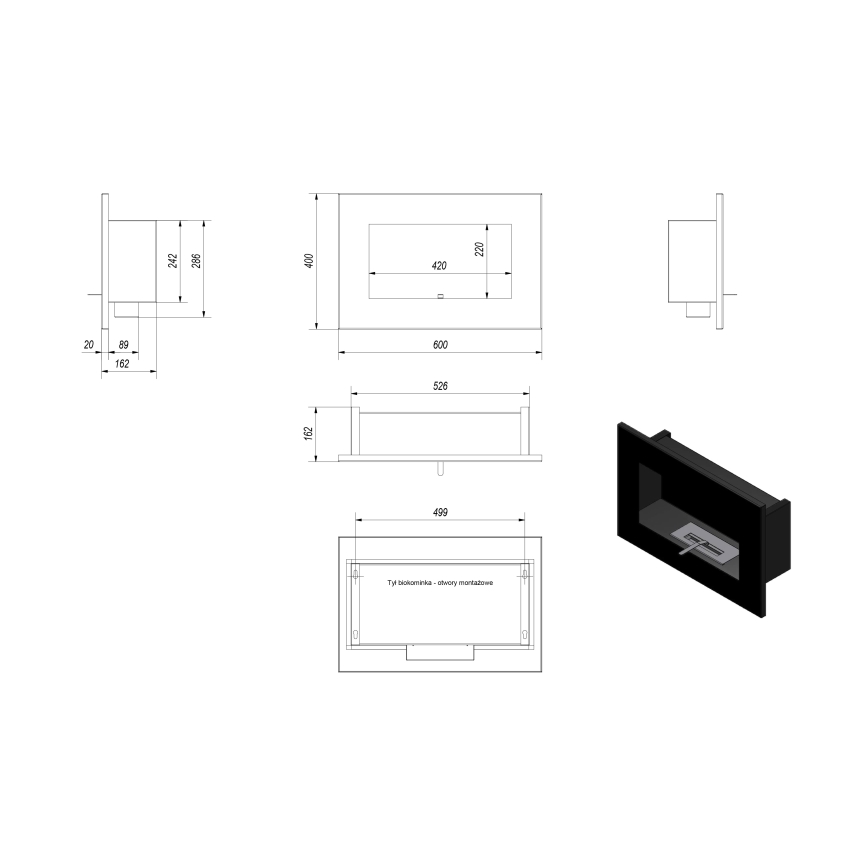 Kratki - БИО камина за вграждане 40x60 см 2kW черен