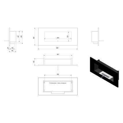 Kratki - BIO камина за вграждане 40x90 см 2kW черен