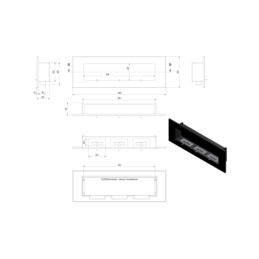Kratki - БИО камина за вграждане 40x120 см 3x1,1kW черен
