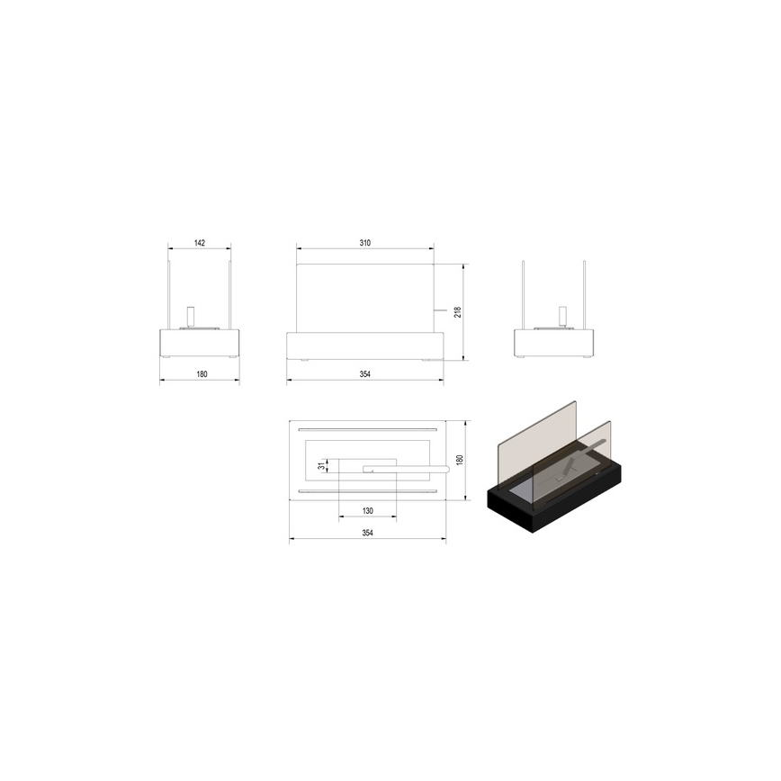 Kratki - БИО камина 21,8x35,4 см 1kW черен