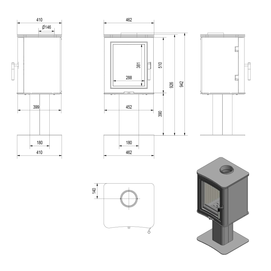 Kratki - Стоманена камина 7kW 150 мм