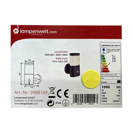 Lampenwelt - LED Екстериорна лампа със сензор LED/10W/230V IP44