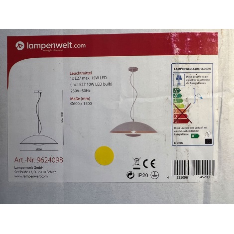 Lampenwelt - LED RGBW Димируем пендел ARTHUR 1xE27/10W/230V Wi-Fi