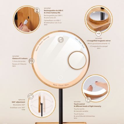 Lanaform - Козметично огледало с регулируема яркост и LED подсветка, 5V USB, бамбук