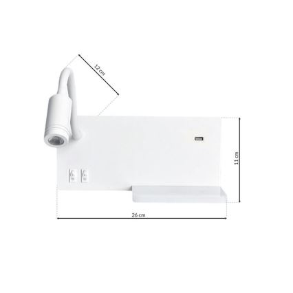 LED Аплик SHELF 1xLED/4W+1xLED/5W+1xLED/2W/230V + USB порт бял