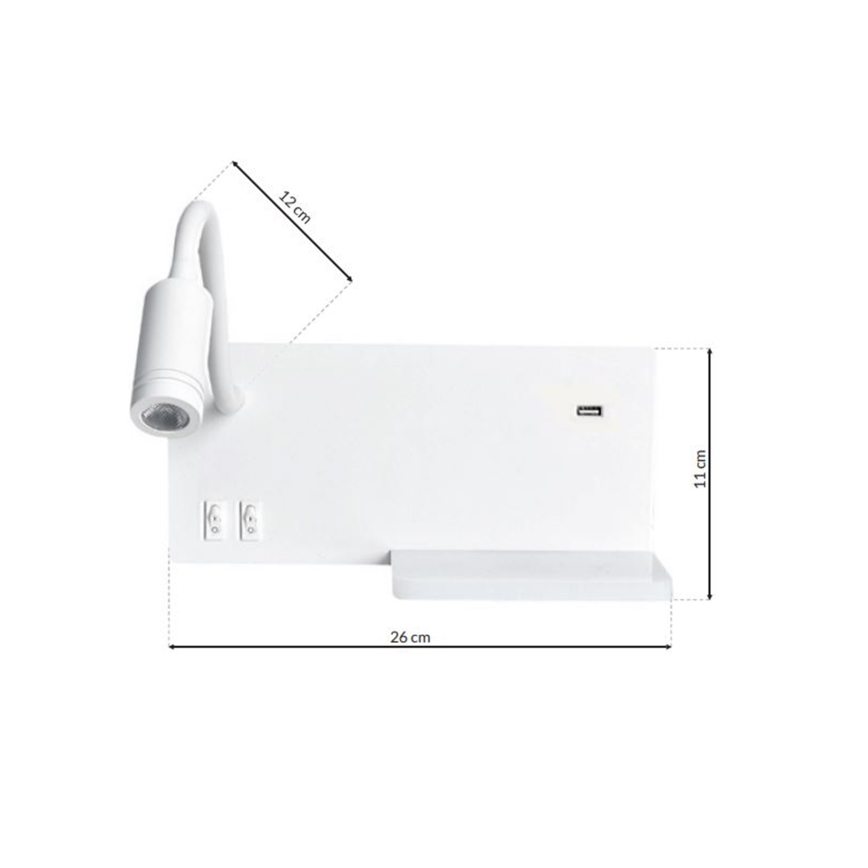 LED Аплик SHELF 1xLED/4W+1xLED/5W+1xLED/2W/230V + USB порт бял