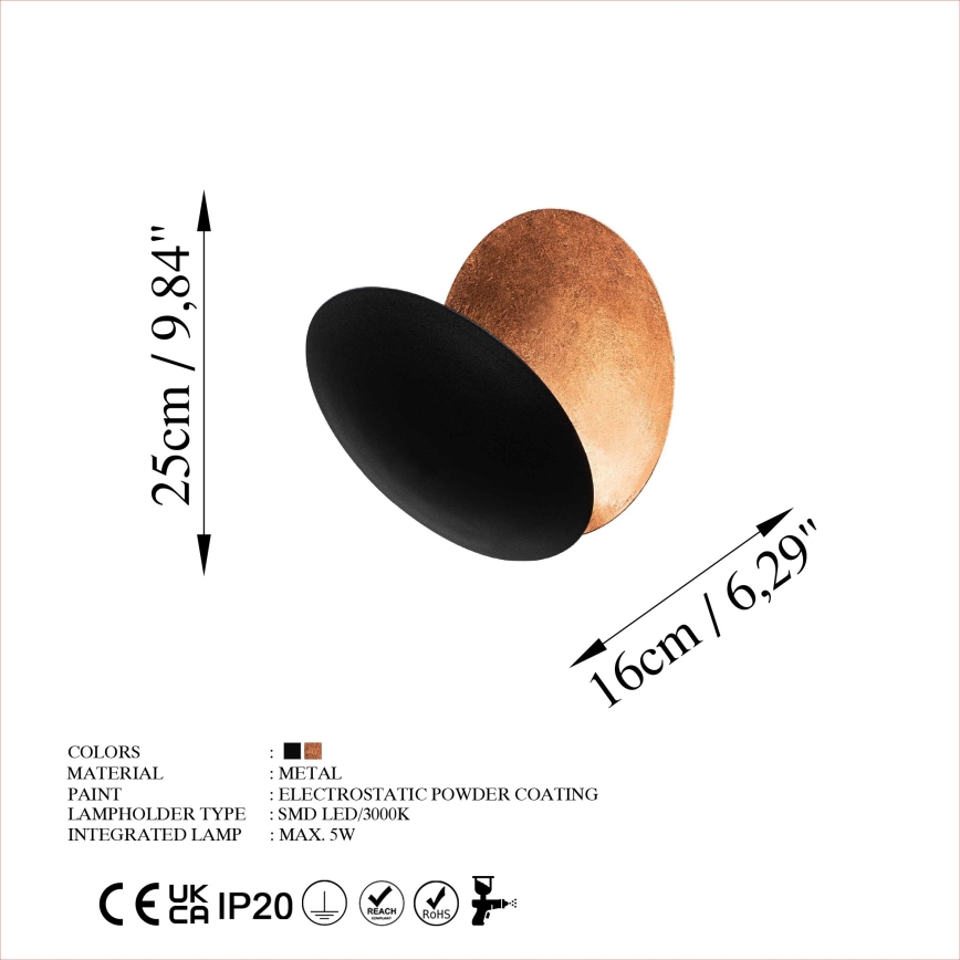 LED аплик YOSMA LED/5W/230V 3000K черен/меден