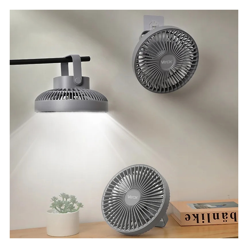 LED Акумулаторен маса вентилатор с LED осветление LED/2W/5V USB 2400 mAh сив
