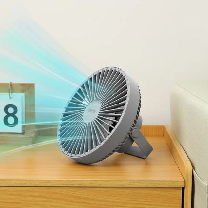 LED Акумулаторен маса вентилатор с LED осветление LED/2W/5V USB 2400 mAh сив