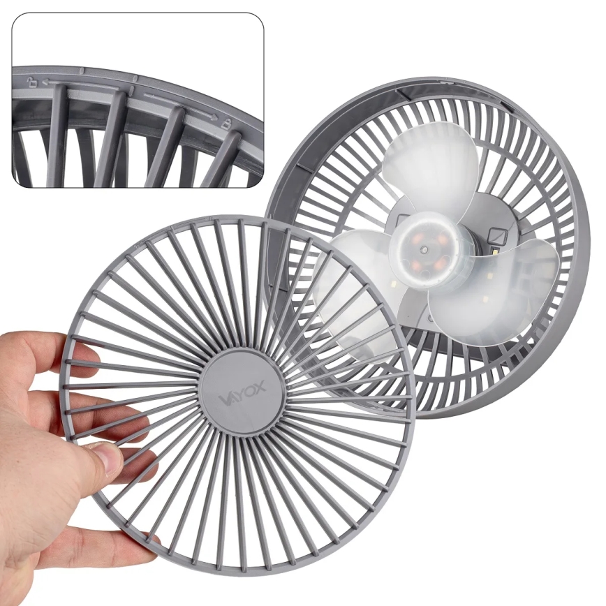 LED Акумулаторен маса вентилатор с LED осветление LED/2W/5V USB 2400 mAh сив