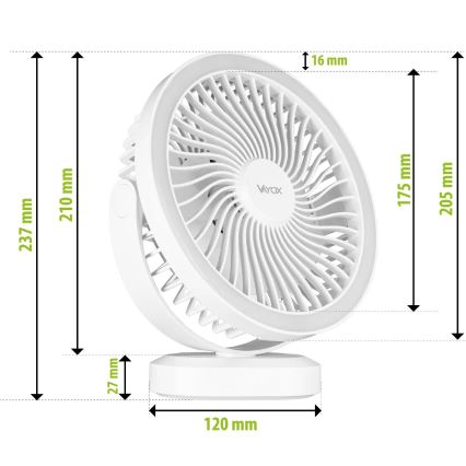 LED Акумулаторен маса вентилатор с LED осветление LED/3W/5V USB 2400 mAh бял