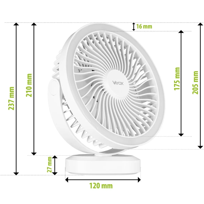 LED Акумулаторен маса вентилатор с LED осветление LED/3W/5V USB 2400 mAh бял