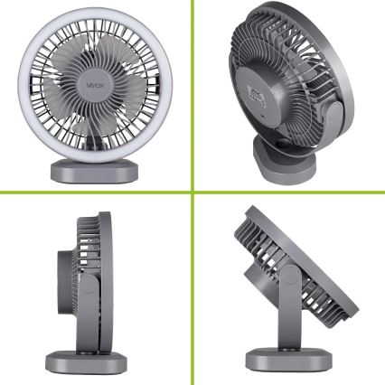 LED Акумулаторен маса вентилатор с LED осветление LED/3W/5V USB 2400 mAh сив