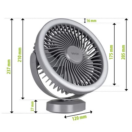 LED Акумулаторен маса вентилатор с LED осветление LED/3W/5V USB 2400 mAh сив