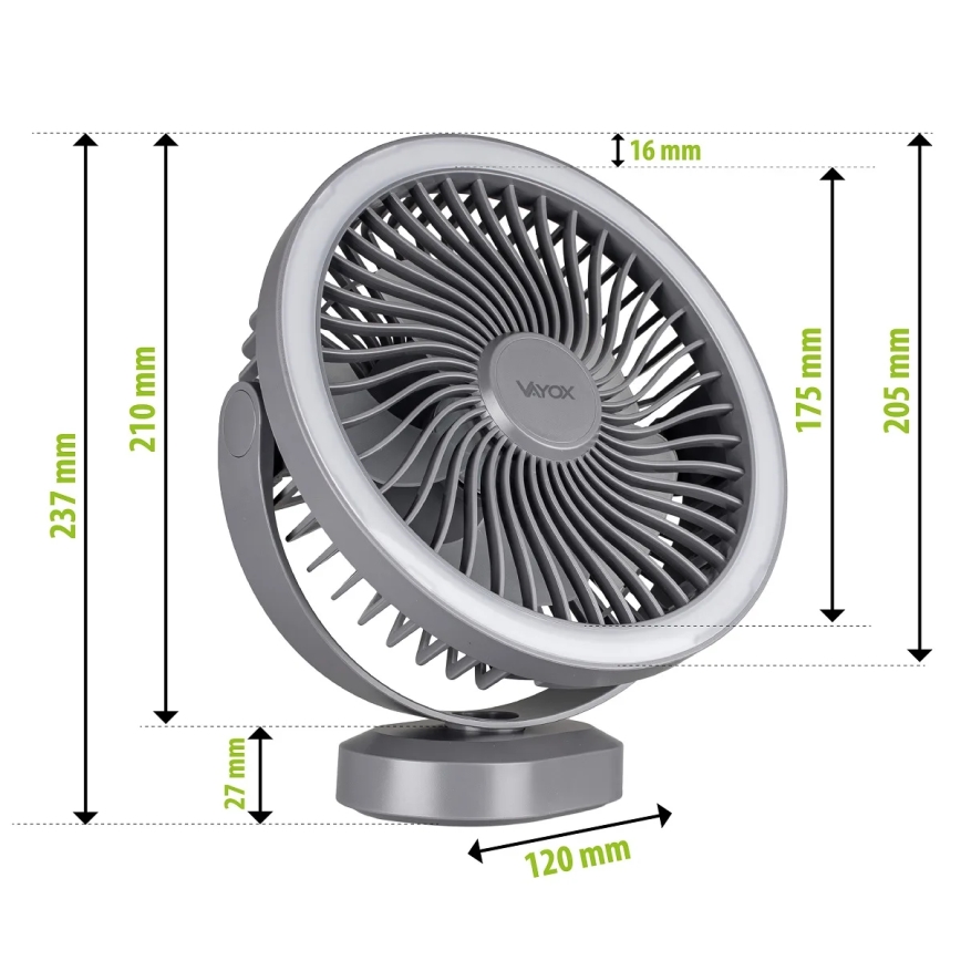 LED Акумулаторен маса вентилатор с LED осветление LED/3W/5V USB 2400 mAh сив