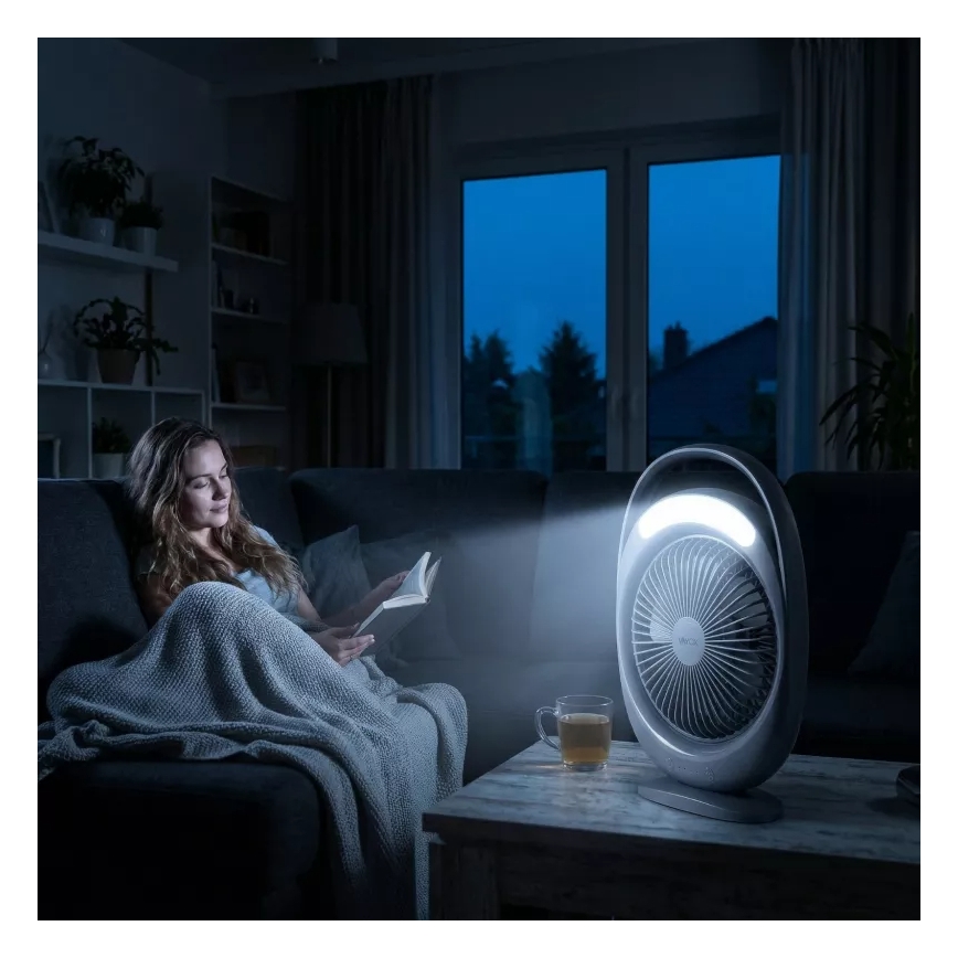LED акумулаторен настолен вентилатор с LED осветление LED/2,8W/5V USB 2400 mAh сив