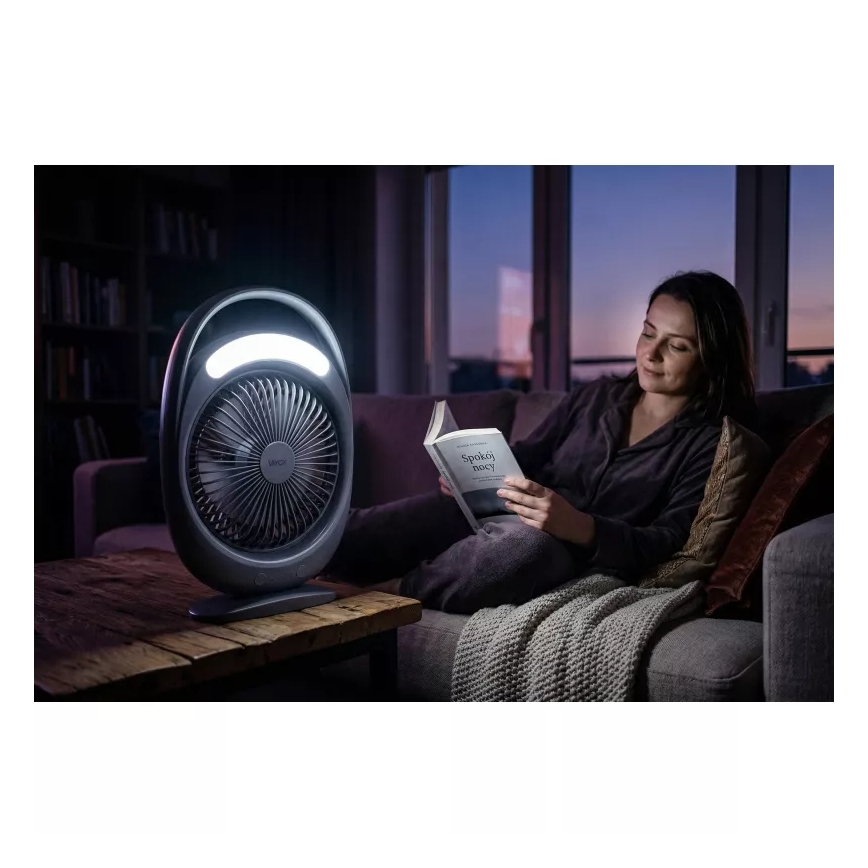LED акумулаторен настолен вентилатор с LED осветление LED/2,8W/5V USB 2400 mAh сив