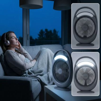LED акумулаторен настолен вентилатор с LED осветление LED/2,8W/5V USB 2400 mAh сив