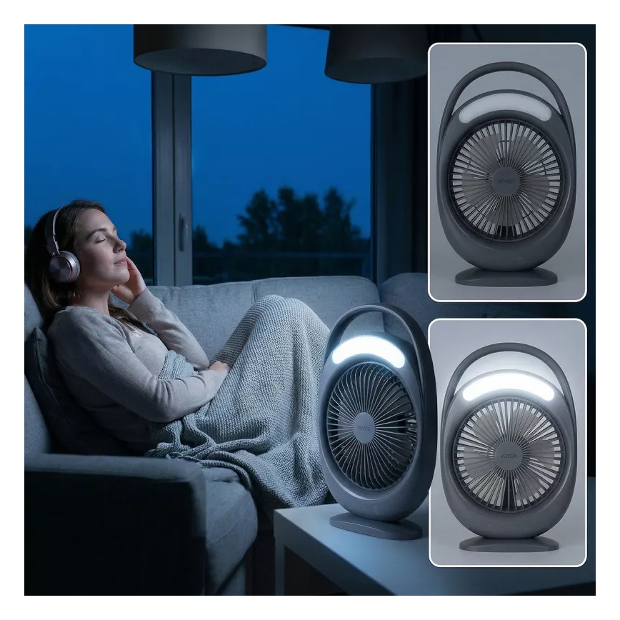 LED акумулаторен настолен вентилатор с LED осветление LED/2,8W/5V USB 2400 mAh сив