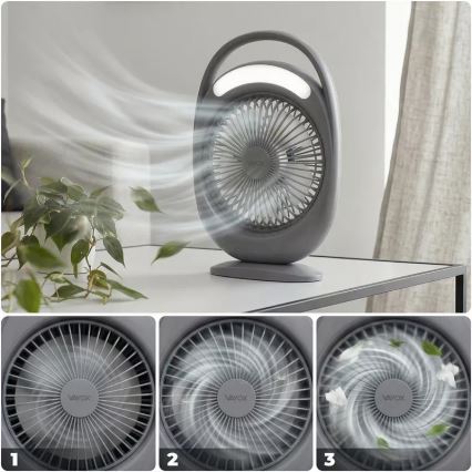 LED акумулаторен настолен вентилатор с LED осветление LED/2,8W/5V USB 2400 mAh сив