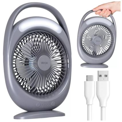 LED акумулаторен настолен вентилатор с LED осветление LED/2,8W/5V USB 2400 mAh сив