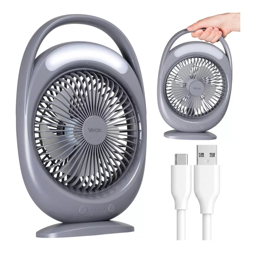 LED акумулаторен настолен вентилатор с LED осветление LED/2,8W/5V USB 2400 mAh сив
