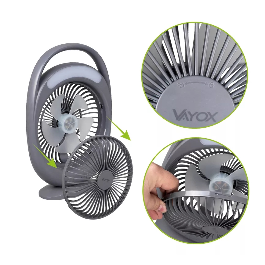 LED акумулаторен настолен вентилатор с LED осветление LED/2,8W/5V USB 2400 mAh сив