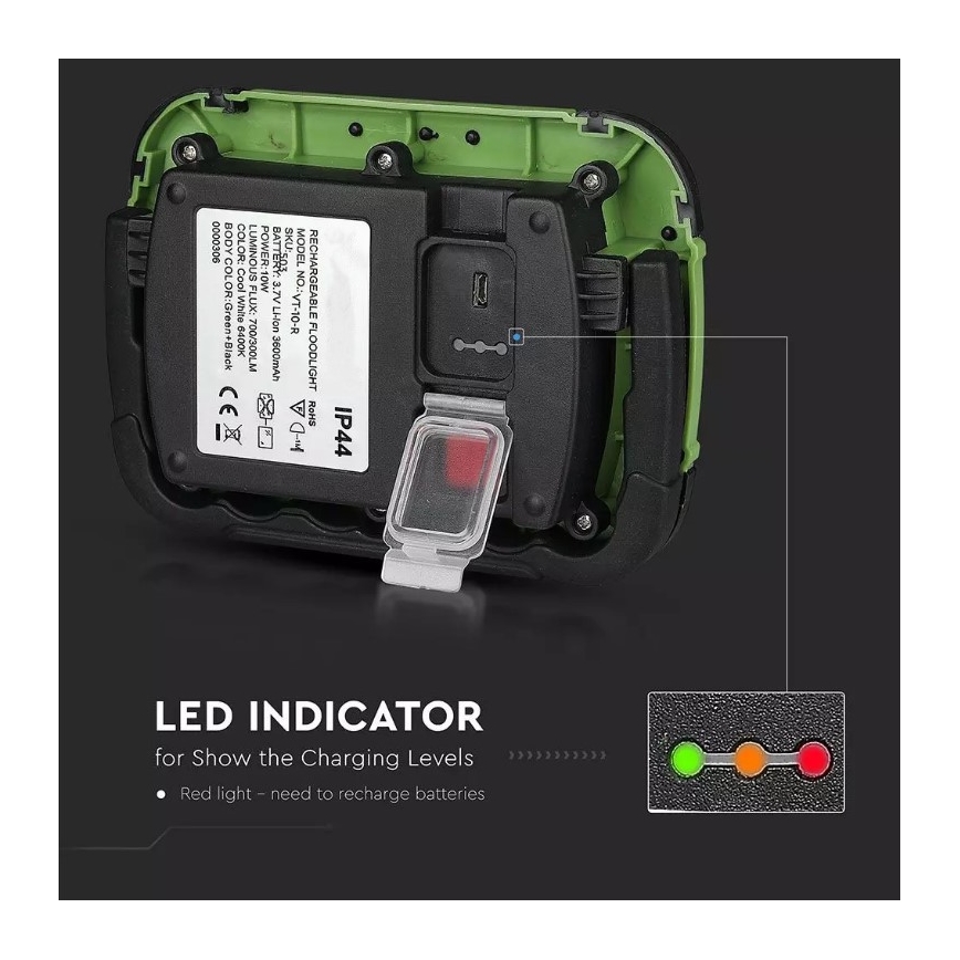 LED Акумулаторен прожектор SAMSUNG CHIP LED/10W/3,7V IP44 4000K 3600 mAh зелен