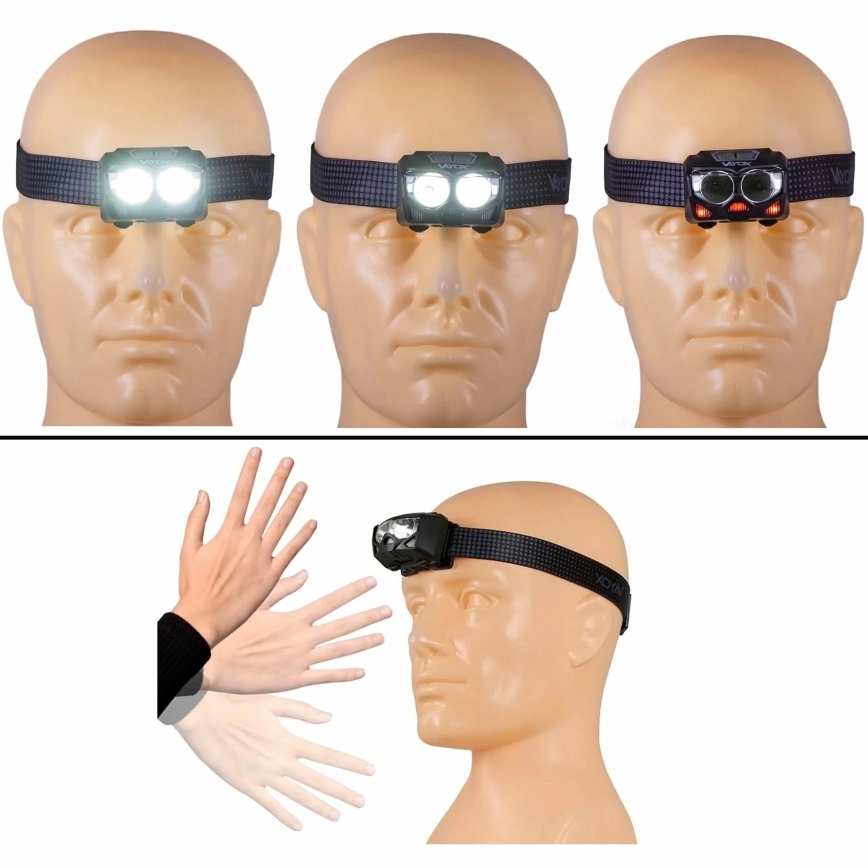 LED регулируема презареждаема челна лампа със сензор и червена светлина 2xLED/5W/5V/3xAAA IP65 500 lm 1200 mAh