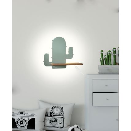 LED Детски аплик с рафт CACTUS LED/4W/230V зелен/дървен - FSC сертифициран